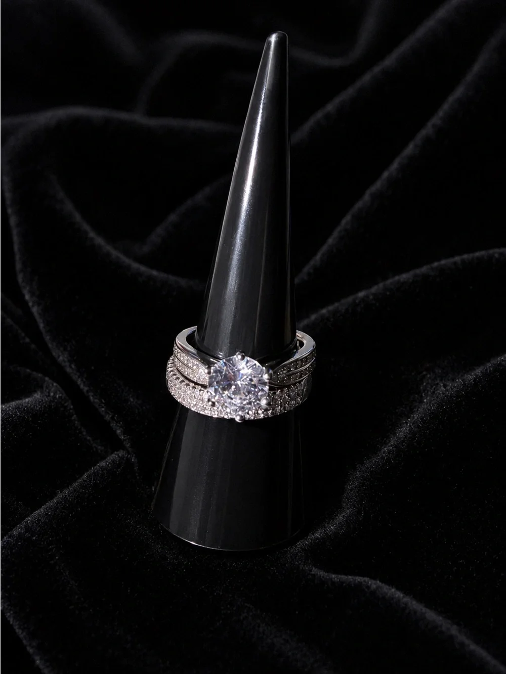 Two Ring Set Silver Tone Bands with Round Clear Shimmer Stone Size 8 1/4.